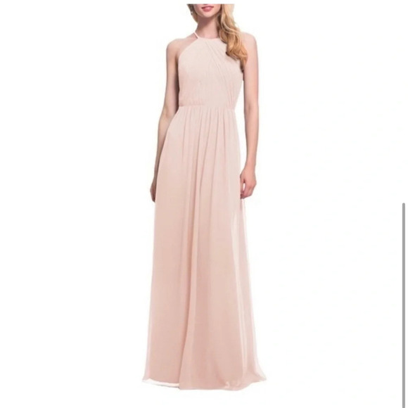 LEVKOFF Blush Chiffon Open Back High Neck Gown Size in Pink - Picture 6 of 7